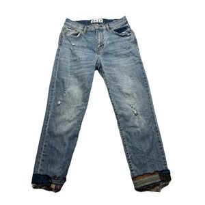 Daze Women’s Patchwork Light Wash Raw Hem Tapered Straight Denim Jeans Size 25